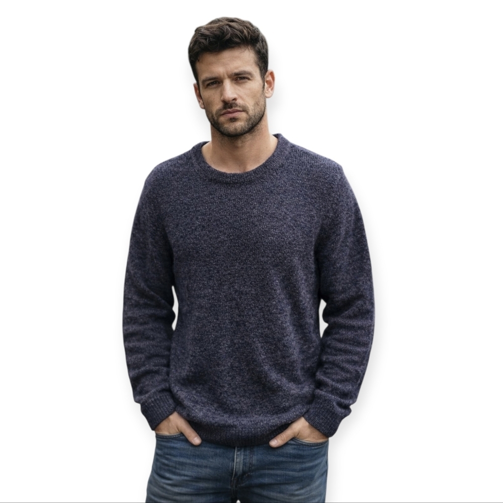 J. Crew Men's Heathered Blue Crewneck Wool Elbow Patch Sweater Slim Fit Lrg